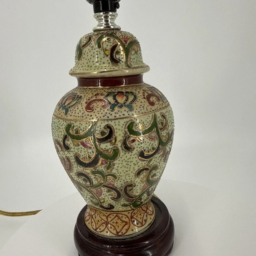 Vtg Asian Satuma Style Ginger Jar‎ Lamp Hand Painted Floral Chinoiserie Enamel
